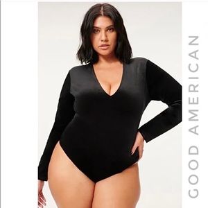 New Good American Black Velvet Deep V Bodysuit